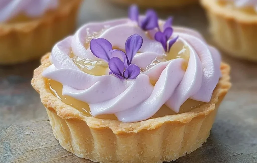Mini lemon tarts topped with lilac meringue on a rustic wooden background.