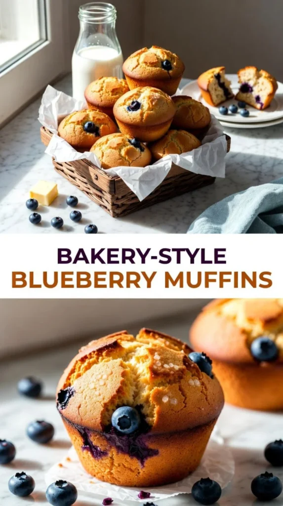Moist and fluffy bakery-style blueberry muffins fresh out of the oven.