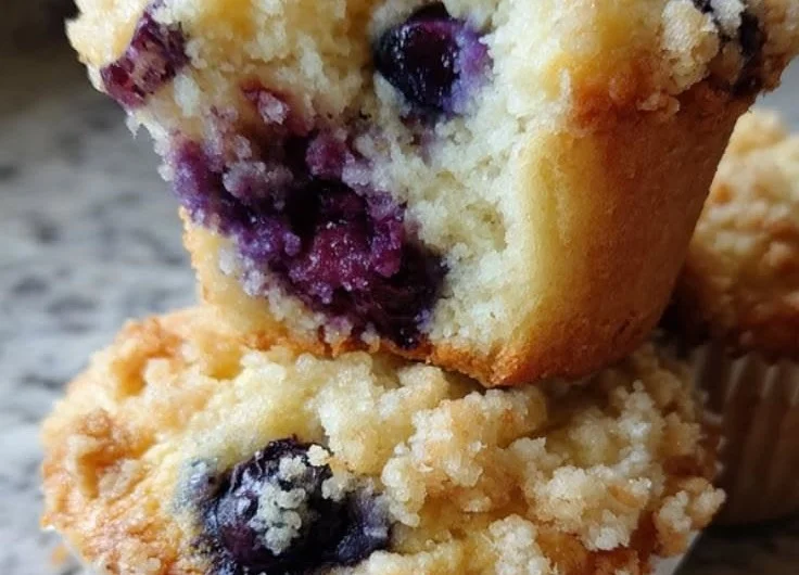 Moist and fluffy bakery-style blueberry muffins displayed on a wooden table