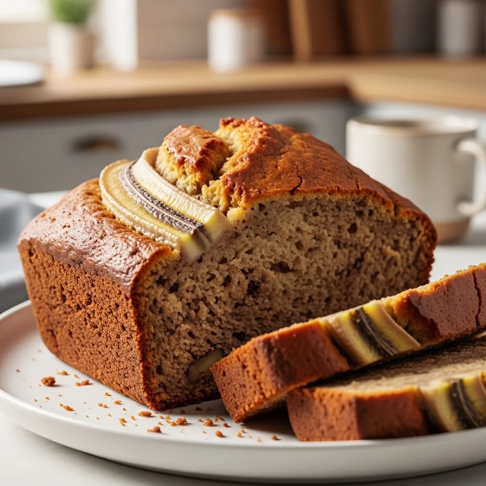 Slice of moist banana bread on a wooden cutting board