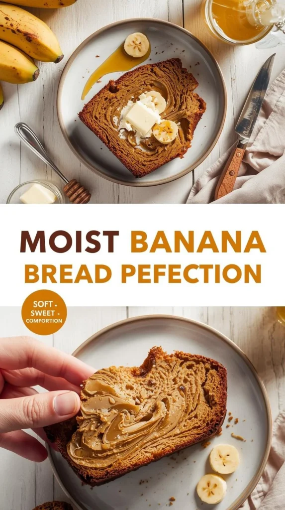 Slice of moist banana bread on a wooden table with banana slices.