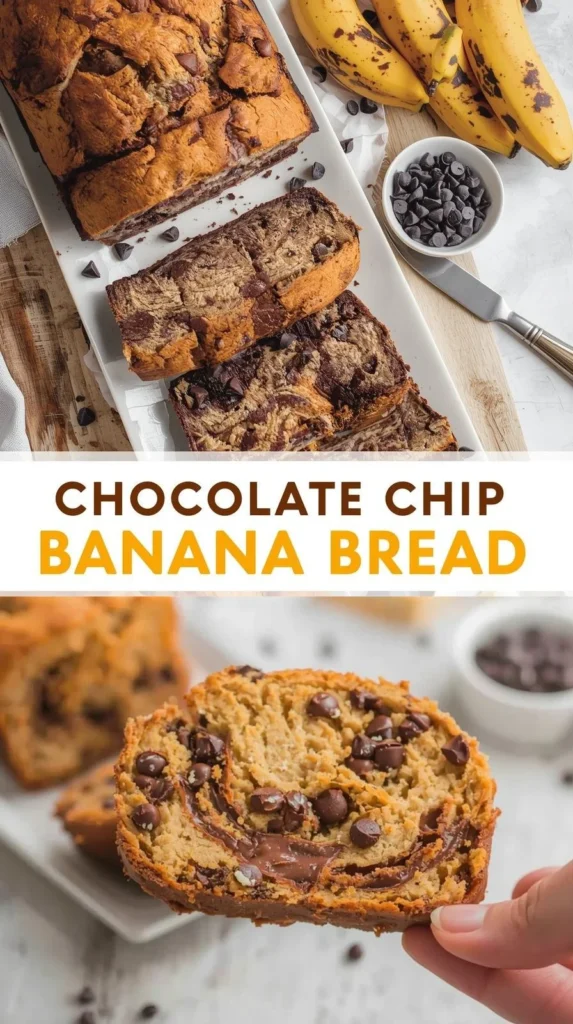 Moist chocolate chip banana bread fresh out of the oven