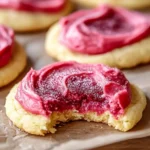 Moist lemon cookies topped with vibrant raspberry frosting on a plate.