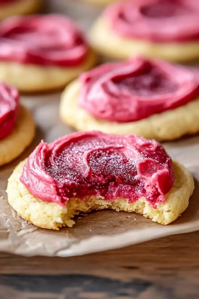 Moist lemon cookies topped with vibrant raspberry frosting on a plate.