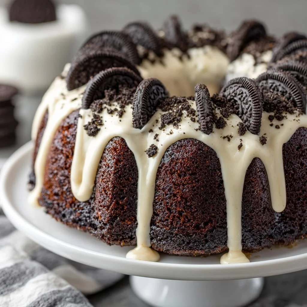 Moist Oreo Bundt Cake with Cream Cheese Glaze showcased on a dessert plate