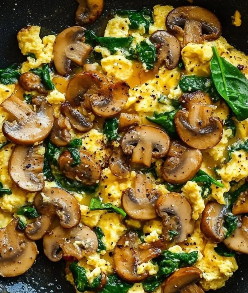 Delicious Mushroom Spinach Scrambled Eggs plated for breakfast