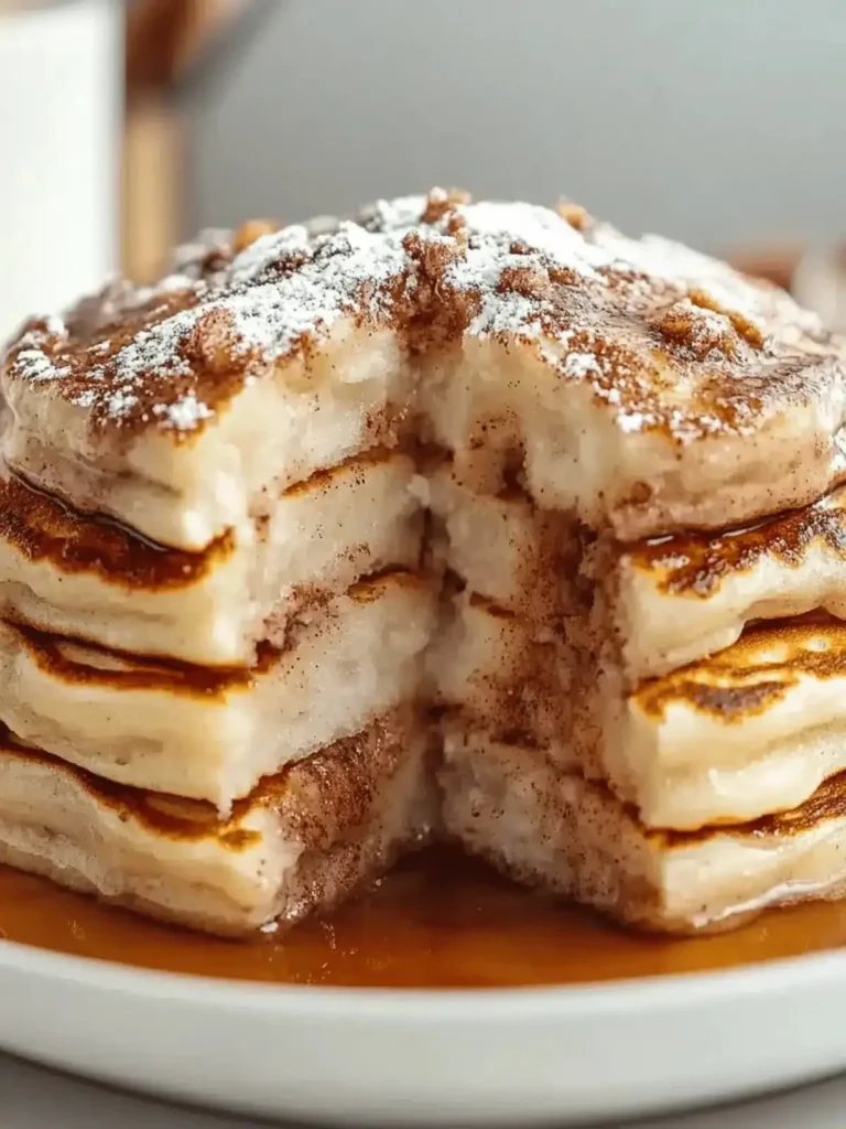 Delicious Nancy’s cinnamon roll pancakes stacked on a plate with icing drizzle