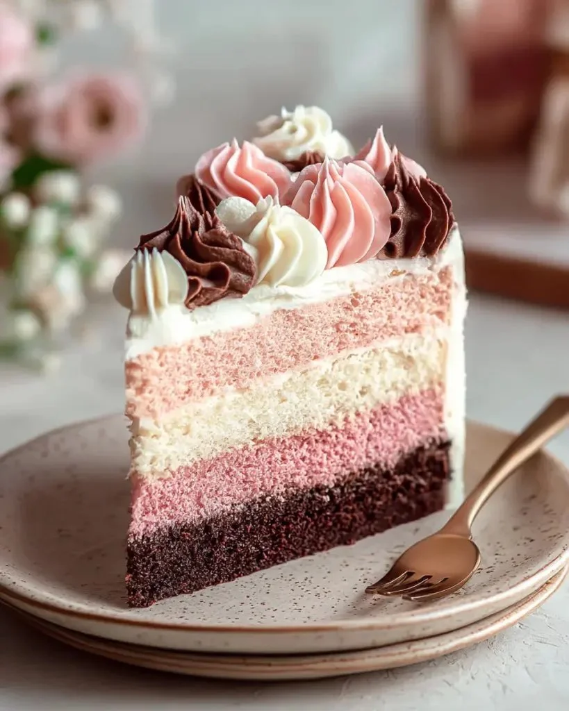 Delicious Neapolitan Cake featuring chocolate, vanilla, and strawberry layers.