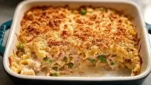 No-soup tuna noodle casserole in a baking dish with a golden crispy topping