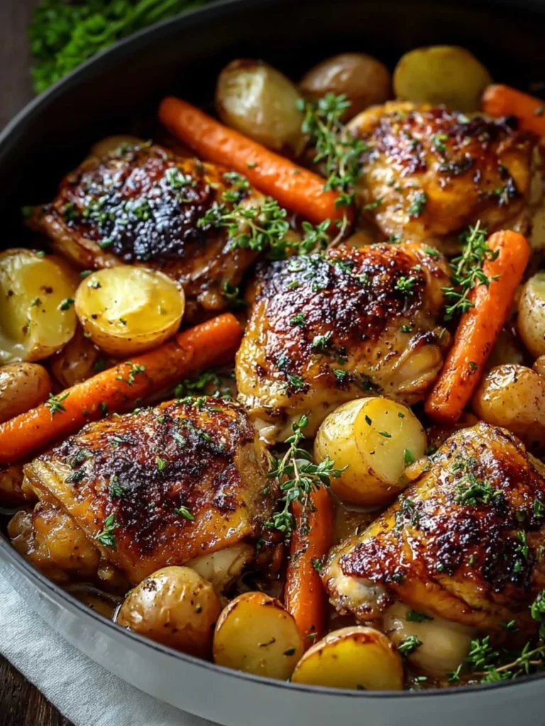 One-pan roasted chicken thighs with carrots and potatoes ready to serve