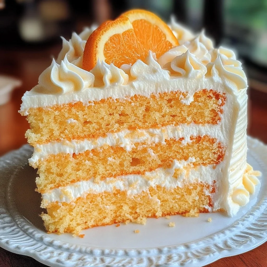 Delicious slice of Orange Creamsicle Cake with orange frosting and sprinkles