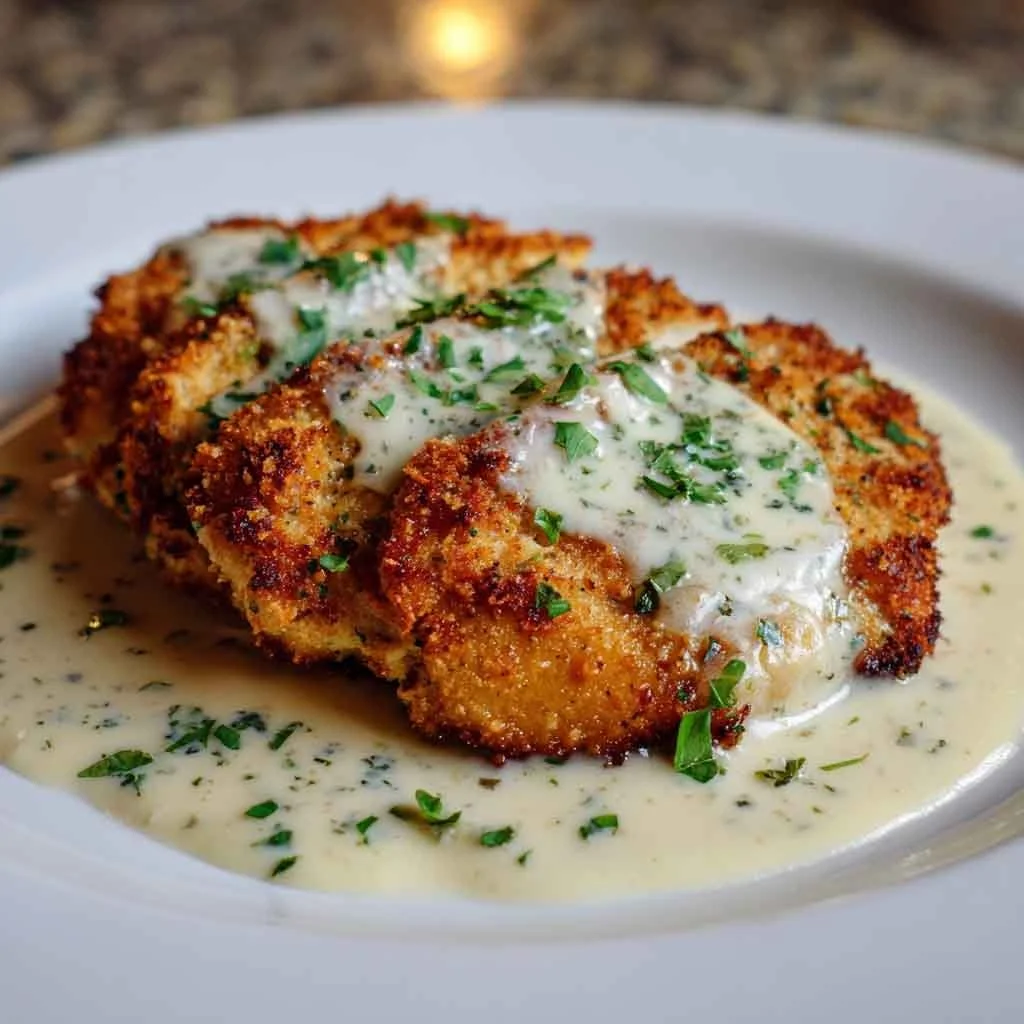 Delicious Parmesan Crusted Chicken served with creamy garlic sauce