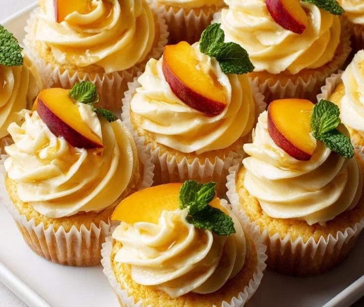 Delicious peach and honey cheesecake cupcakes topped with creamy frosting.