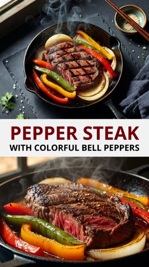 Pepper Steak with colorful bell peppers and onions served on a plate