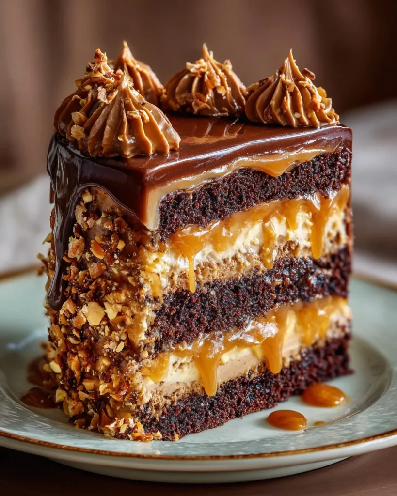 Slice of perfect chocolate caramel toffee crunch cake with layers of chocolate and toffee