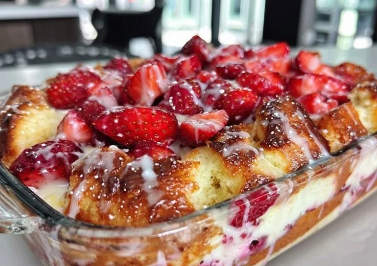 Delicious homemade strawberry cream cheese cobbler served warm.