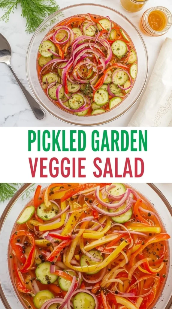 Colorful pickled salad featuring cucumbers, onions, and bell peppers.