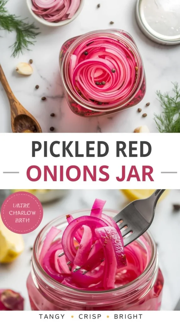 A jar of pickled red onions with fresh ingredients.