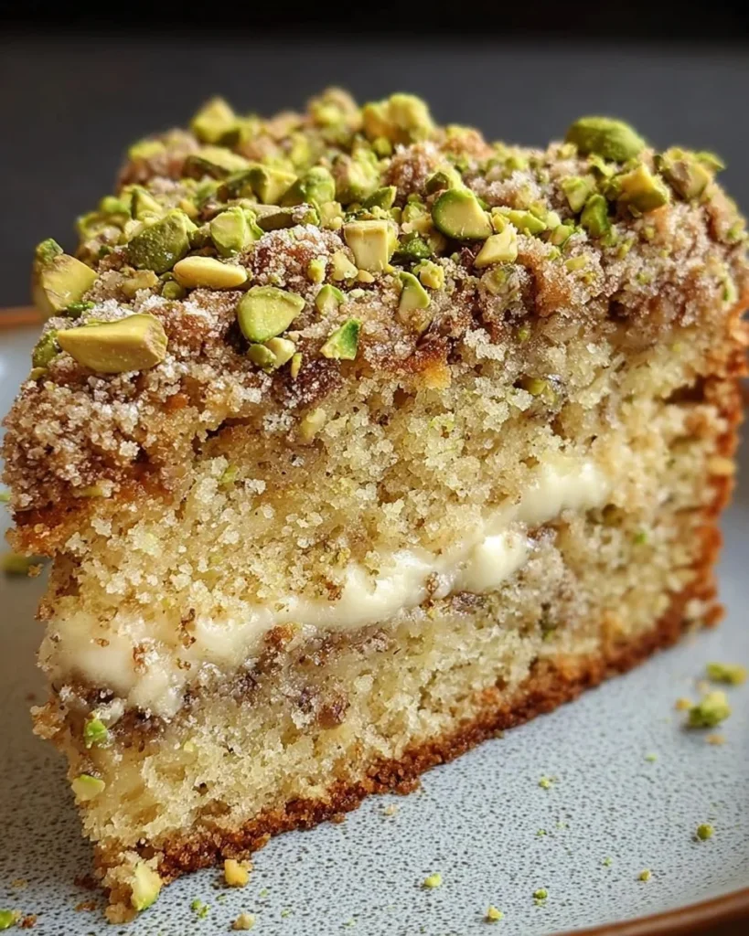 Slice of freshly baked pistachio coffee cake with nuts on top
