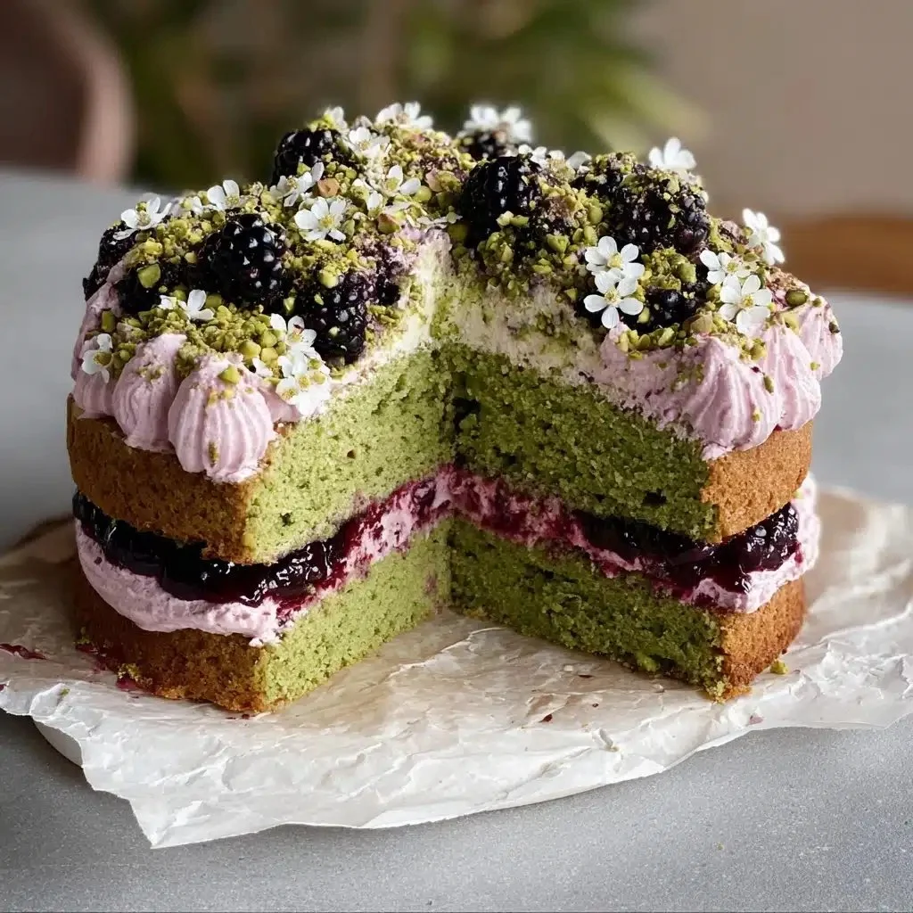 Pistachio Olive Oil Cake with Blackberry Thyme Buttercream served on a white plate