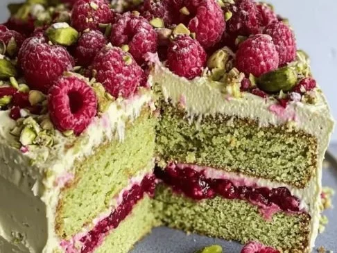 Pistachio Raspberry Cake with vibrant colors and rich flavors