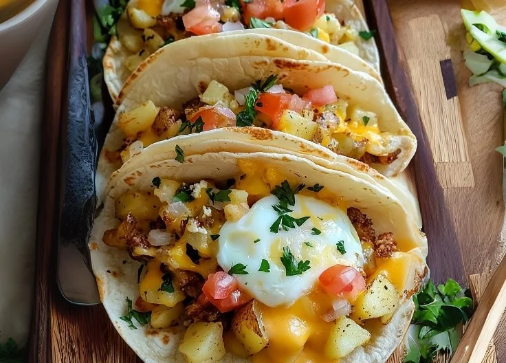 Delicious potato, egg, and cheese breakfast tacos served on a plate.