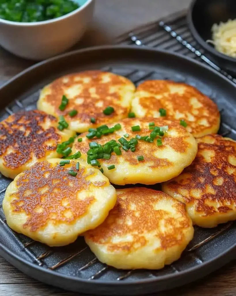 Delicious homemade potato pancakes served with sour cream and chives.
