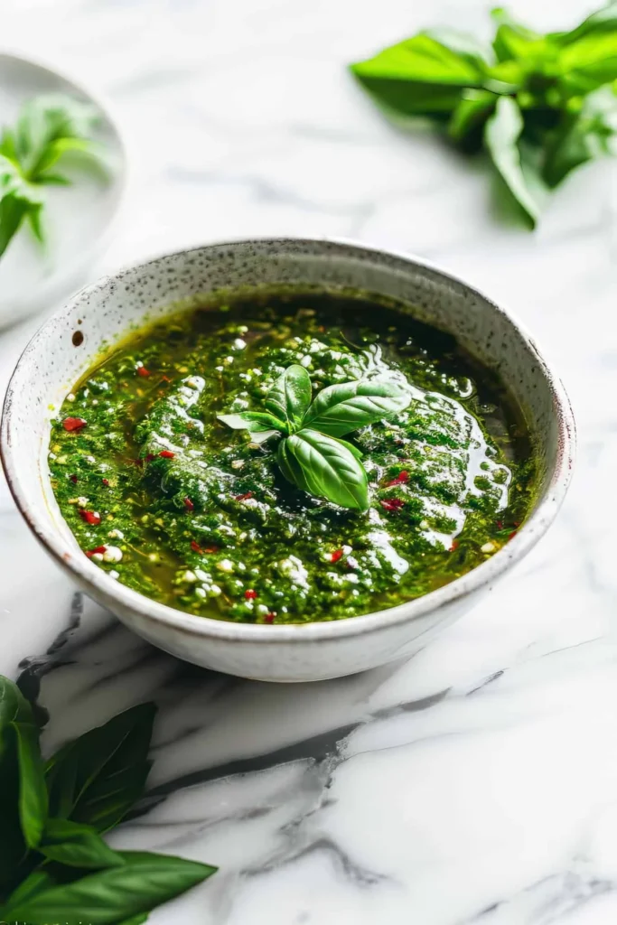 Bowl of quick and easy chimichurri sauce with fresh herbs and garlic
