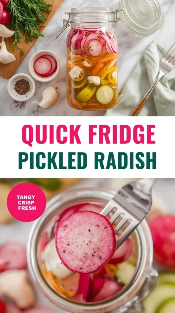 Quick fridge pickled radish and assorted vegetables in jars