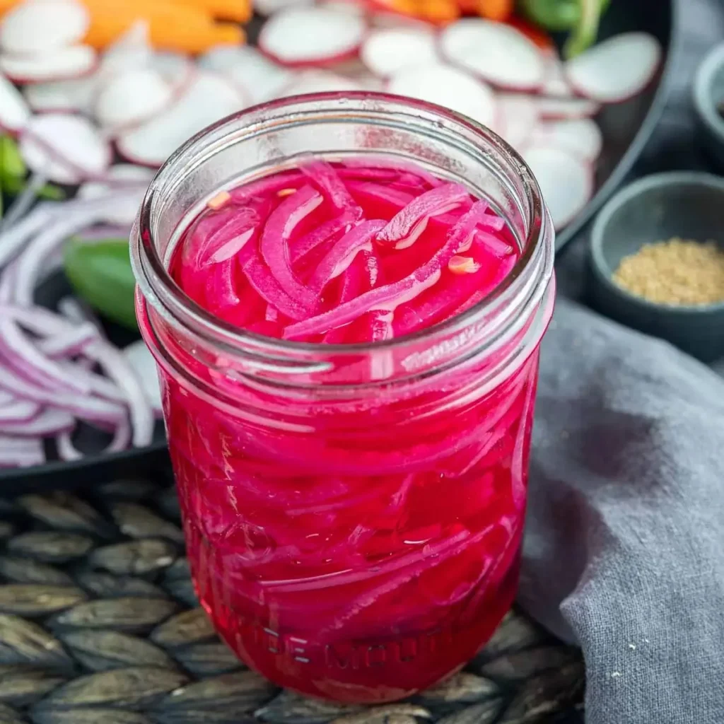 Quick pickled red onions in a jar with vibrant color and spices.