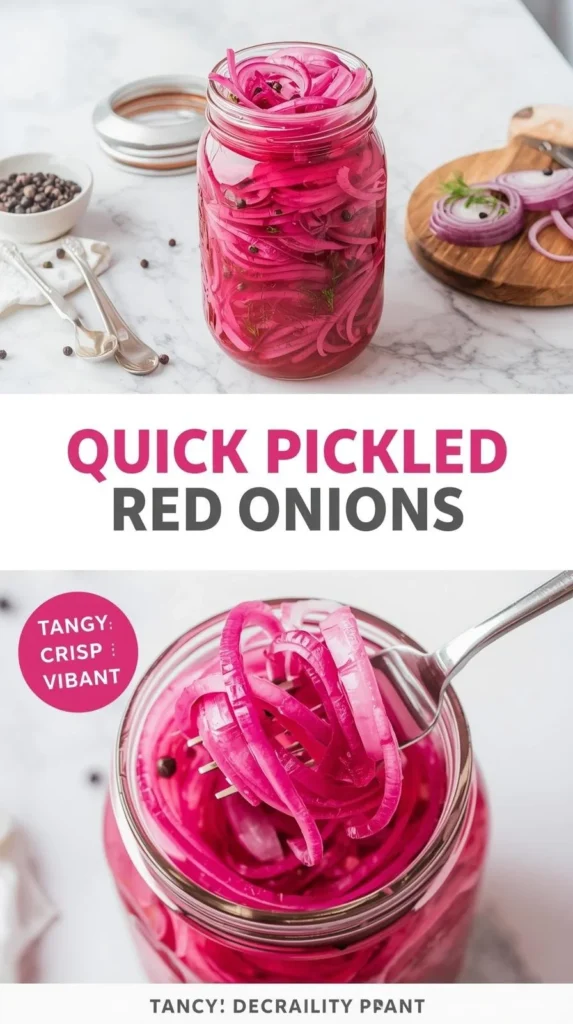 Jar of quick pickled red onions with colorful veggies on a kitchen counter