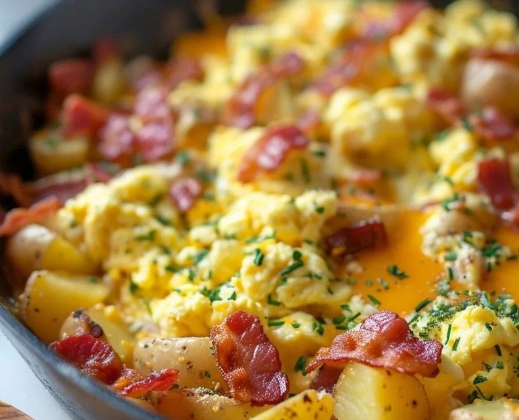 Delicious ranch-style cowboy breakfast skillet with eggs, meats, and veggies