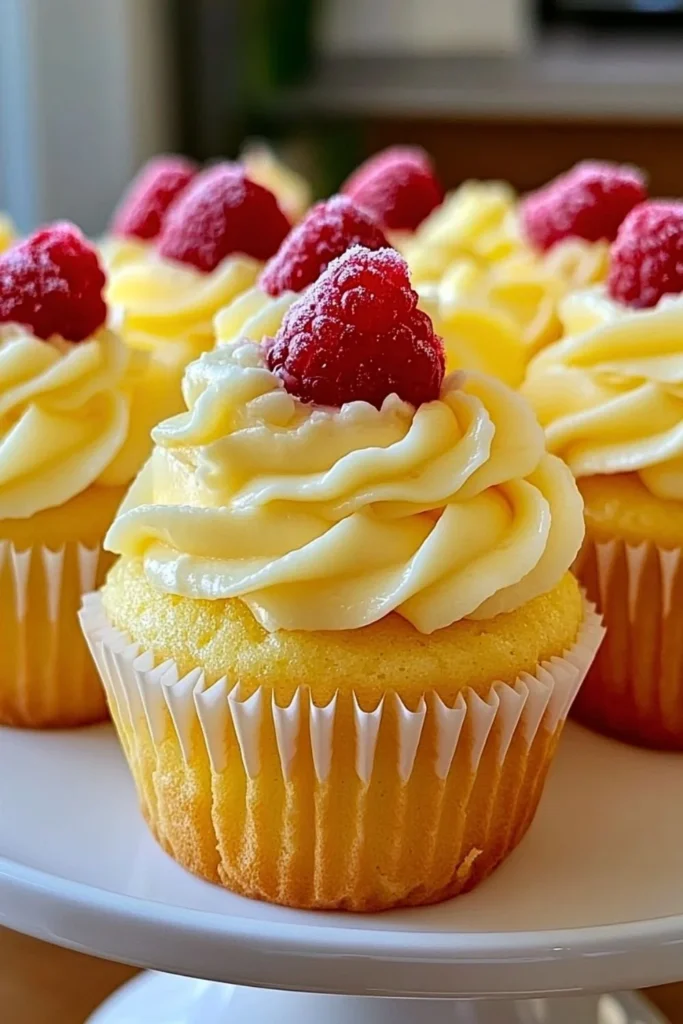 Delicious raspberry lemon cupcakes topped with vibrant frosting and fresh raspberries