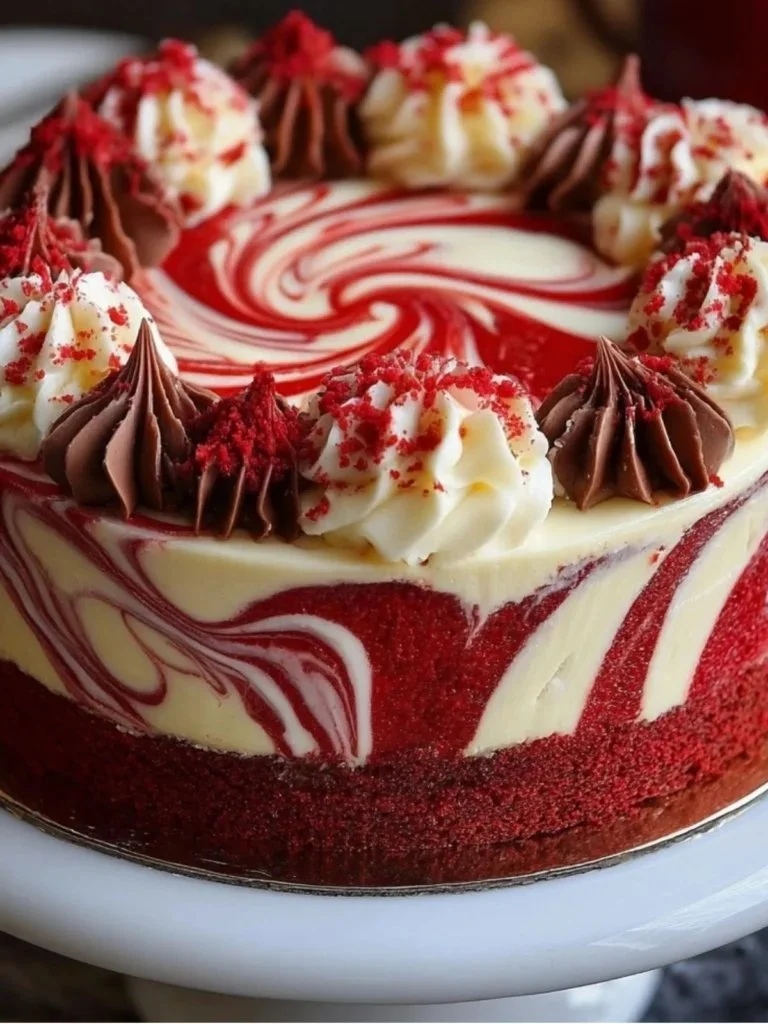 Red Velvet Cheesecake Swirl Cake with cream cheese frosting