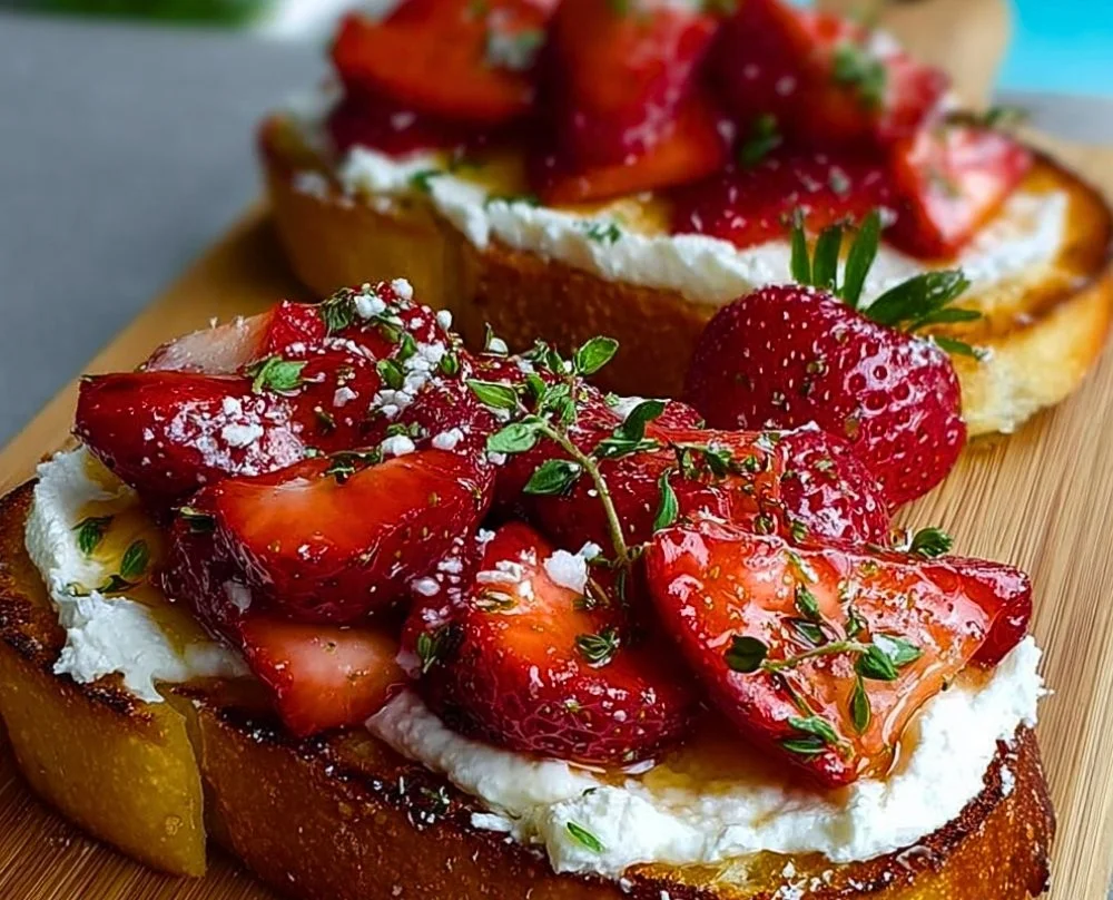 Delicious roasted strawberry whipped ricotta toast topped with fresh strawberries.