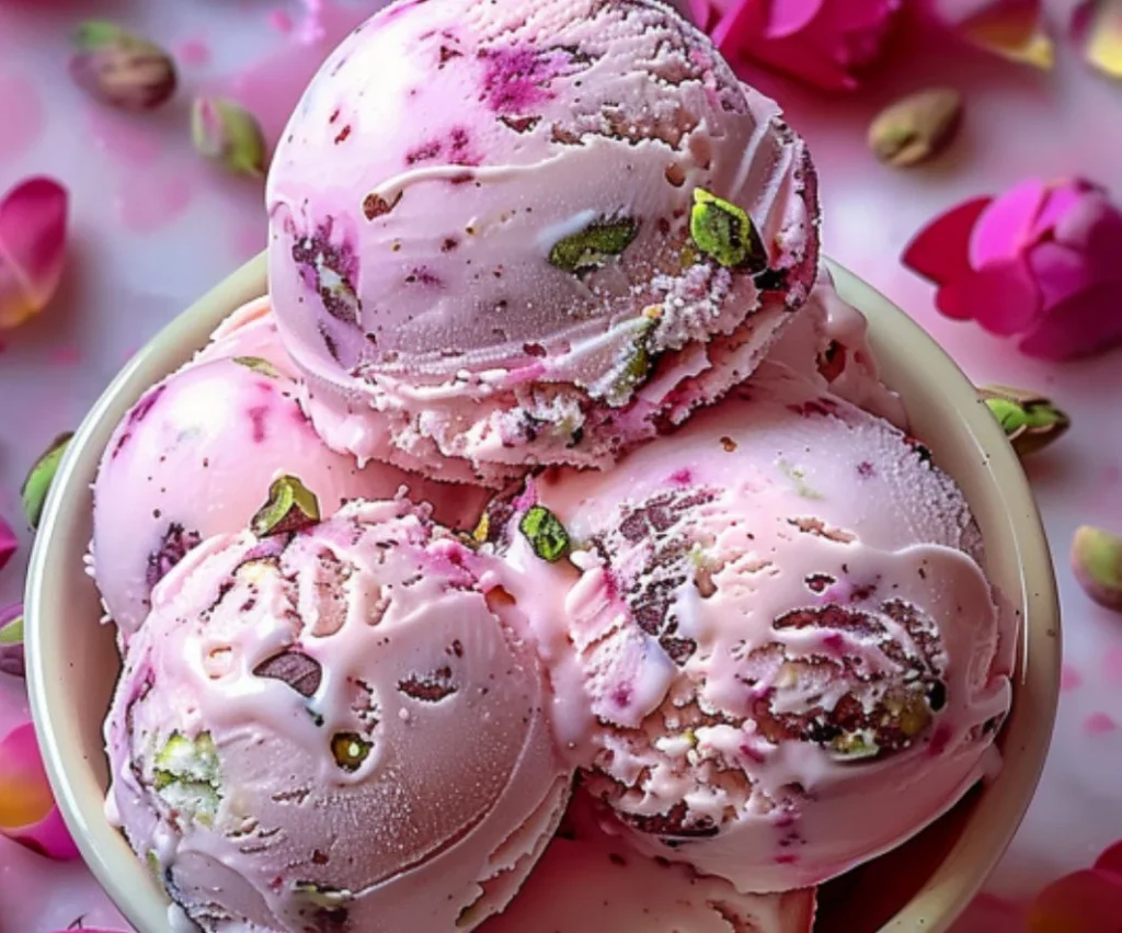Delicious rose pistachio ice cream topped with crushed pistachios and rose petals