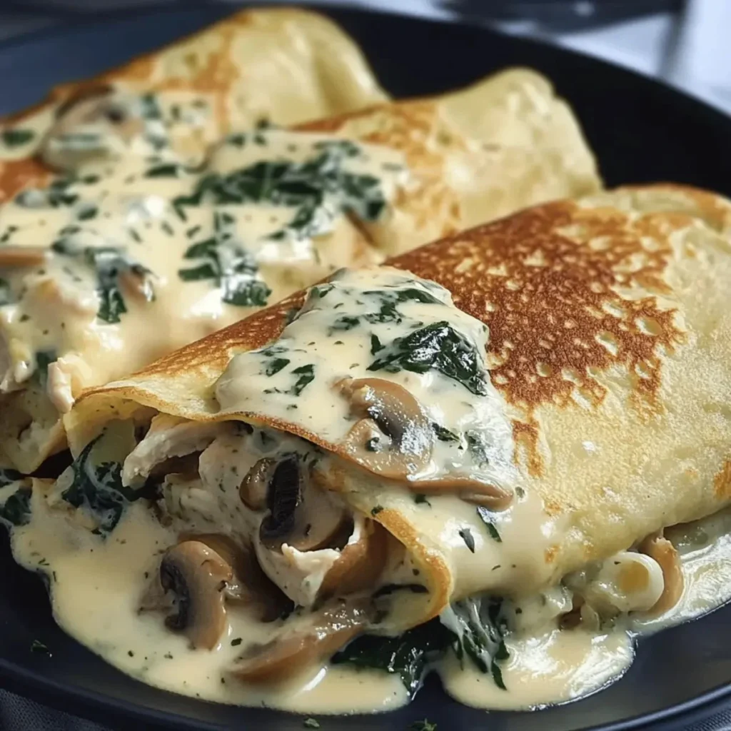 Savory mushroom chicken crepes topped with herbs on a plate