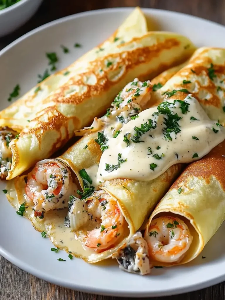 Seafood crepes topped with creamy Béchamel sauce on a plate