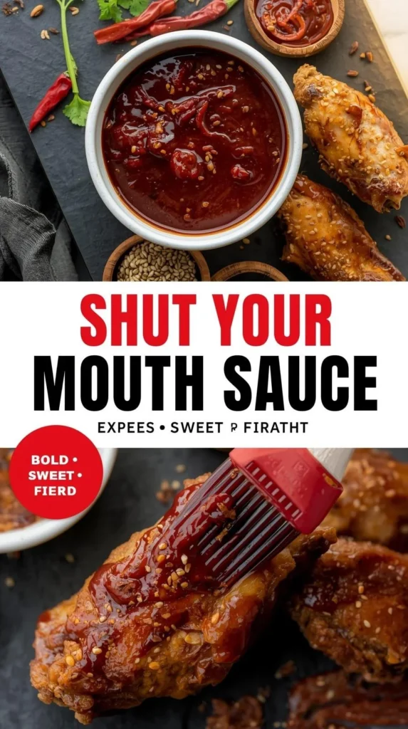 Bottle of Shut Your Mouth Sauce on a wooden table with spices