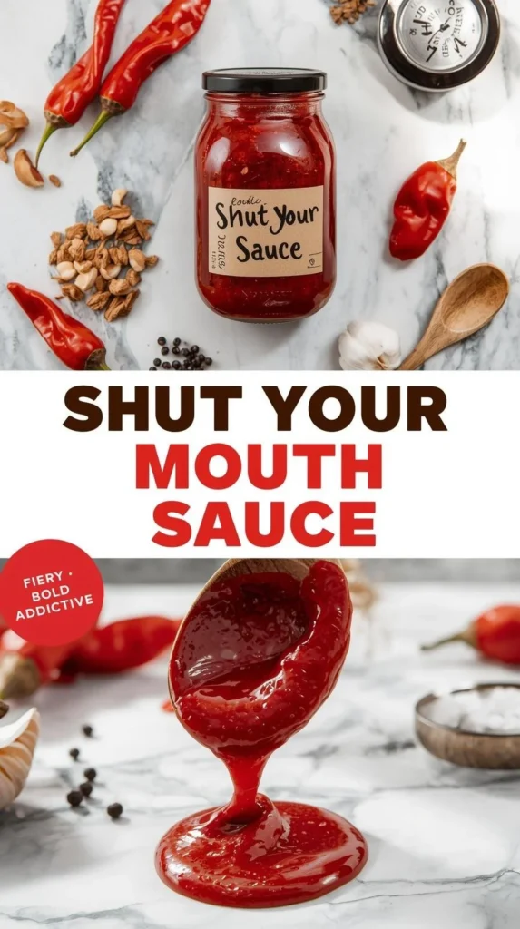 Bottle of Shut Your Mouth Sauce with vibrant label and spicy ingredients.