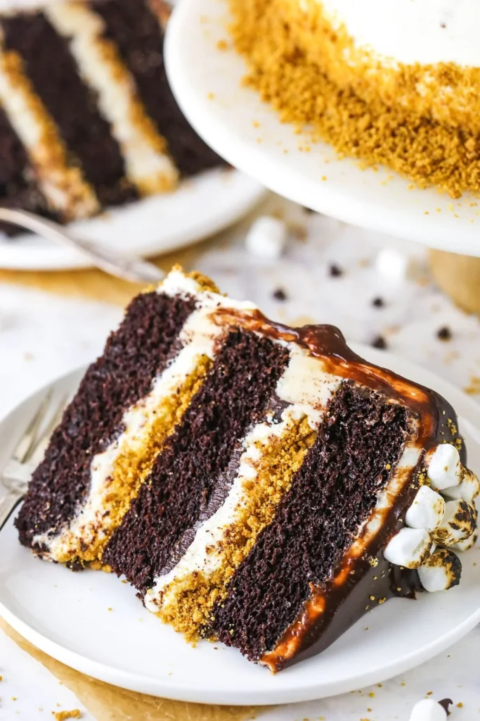Decadent S'mores Cake with layers of chocolate, graham crackers, and toasted marshmallows