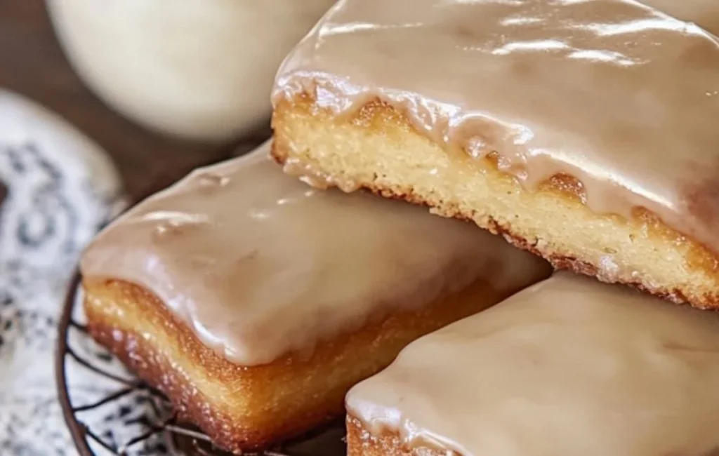 Soft baked maple donut bars drizzled with maple glaze on a white plate.