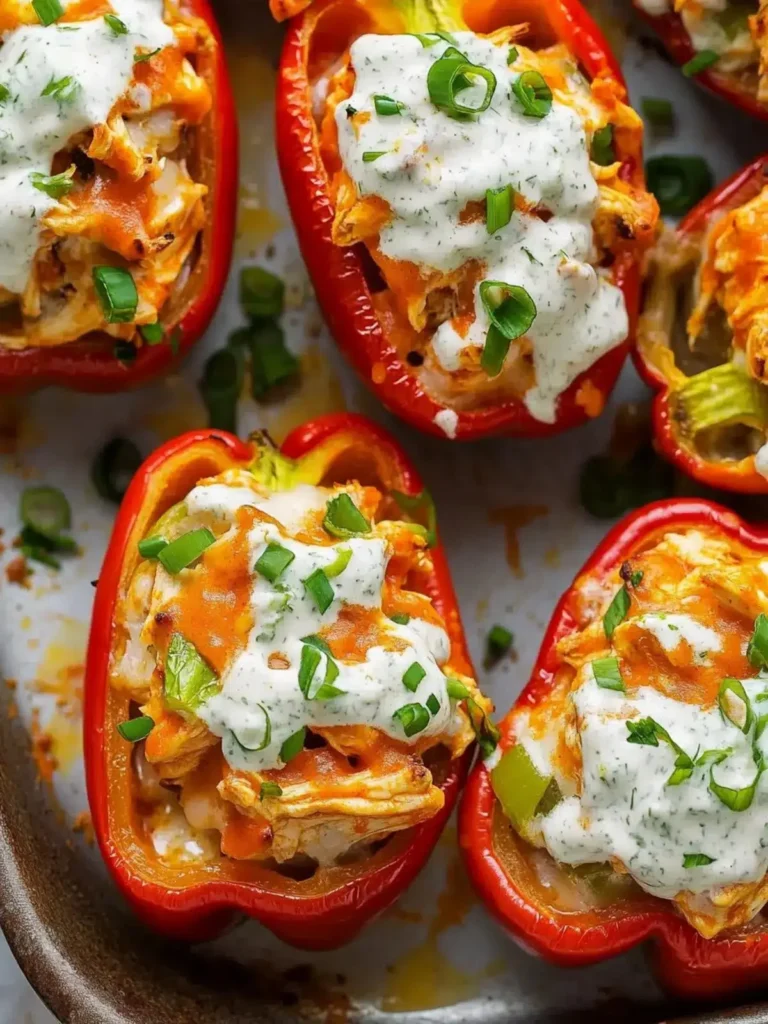 Spicy Buffalo Chicken Stuffed Peppers topped with cheese