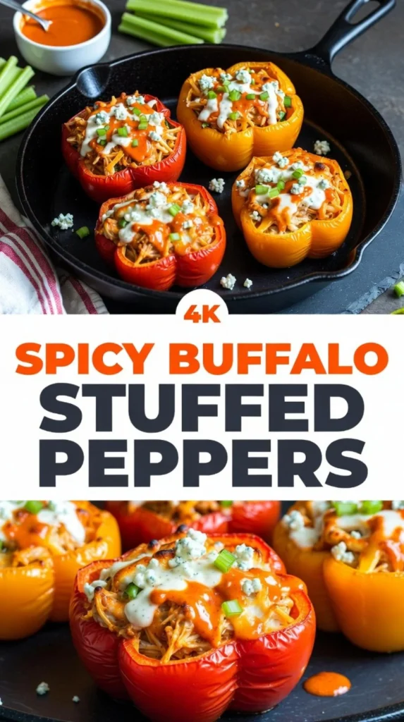 Spicy buffalo chicken stuffed peppers ready to serve and enjoy.