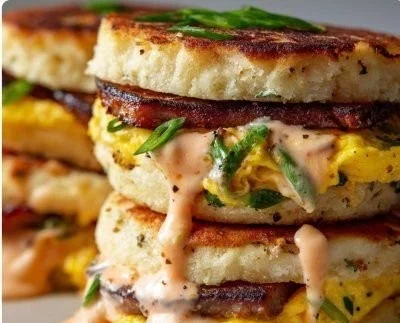 Spicy chipotle egg breakfast sandwich with fresh ingredients on a plate