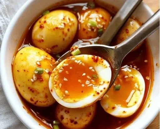 Spicy Gochujang Eggs served on a plate with toppings
