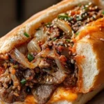 Delicious Spicy Kimchi Bulgogi Cheesesteak topped with vibrant kimchi and beef