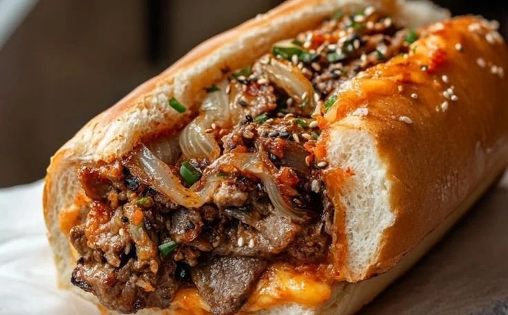 Delicious Spicy Kimchi Bulgogi Cheesesteak topped with vibrant kimchi and beef