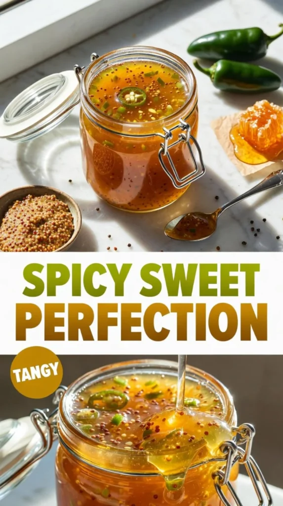 Spicy jalapeño honey mustard sauce in a jar with fresh jalapeños and honey