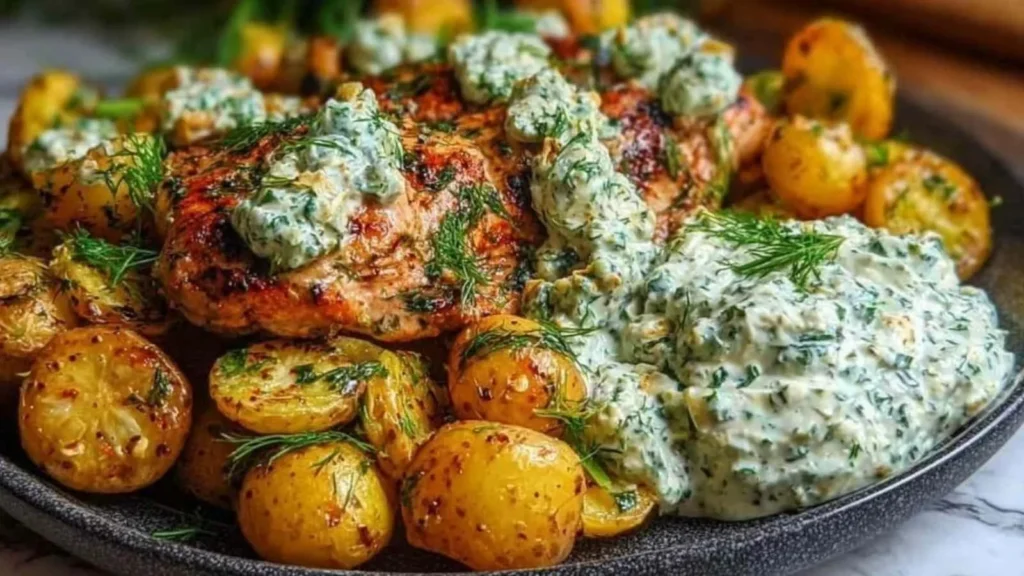 Plate of spicy yogurt marinated chicken with dill feta cream and crispy potatoes